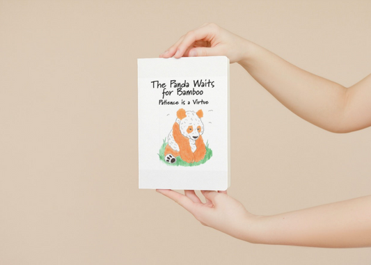 Person holding a book with a panda illustration and text on a beige background